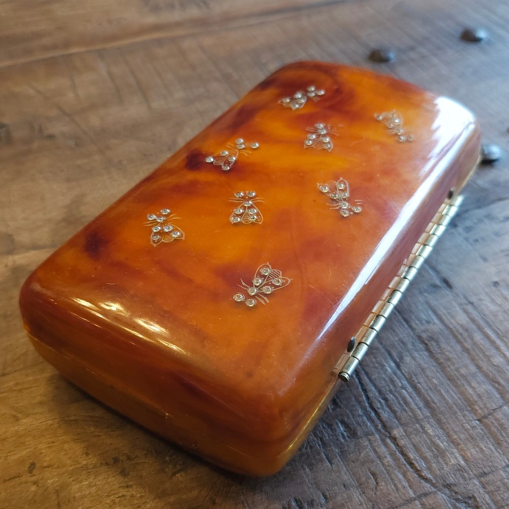 Vintage Ilene New York Faux Tortoise Shell Bee Rhinestone Lucite Clutch Bag 1950